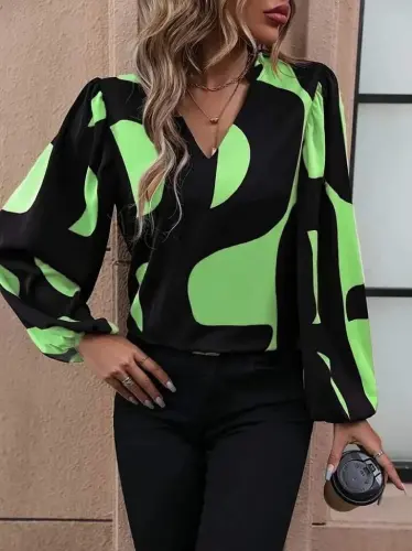 Women's Long Sleeve V Neck Patterned Modal Blouse - 5