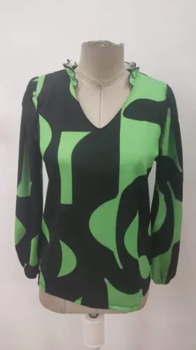 Women's Long Sleeve V Neck Patterned Modal Blouse - 6