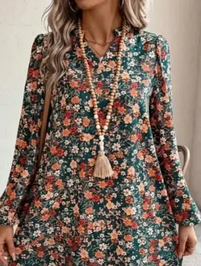 Women's Long Sleeve V Neck Patterned Modal Mini Dress - 2