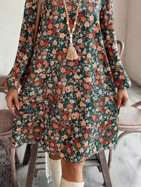 Women's Long Sleeve V Neck Patterned Modal Mini Dress - 3