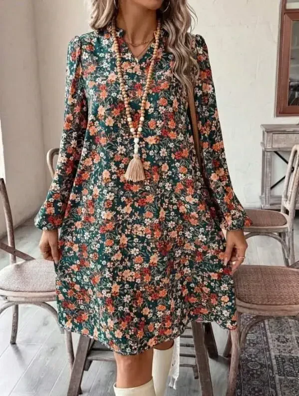 Women's Long Sleeve V Neck Patterned Modal Mini Dress - 4