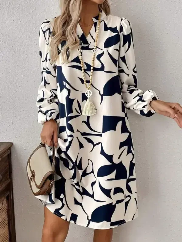 Women's Long Sleeve V Neck Patterned Modal Mini Dress - BÜYÜKBEDENIZ