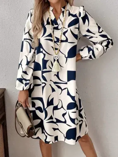 Women's Long Sleeve V Neck Patterned Modal Mini Dress - BÜYÜKBEDENIZ (1)