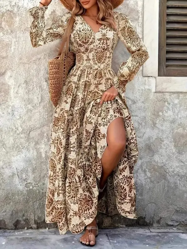 Women's Long Sleeve V Neck Patterned Supima Dress - 1