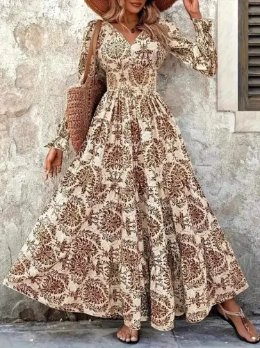 Women's Long Sleeve V Neck Patterned Supima Dress - BÜYÜKBEDENIZ (1)