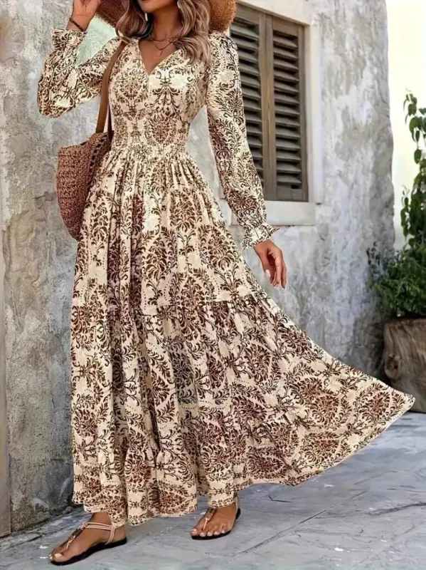 Women's Long Sleeve V Neck Patterned Supima Dress - 3