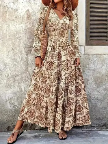 Women's Long Sleeve V Neck Patterned Supima Dress - 4