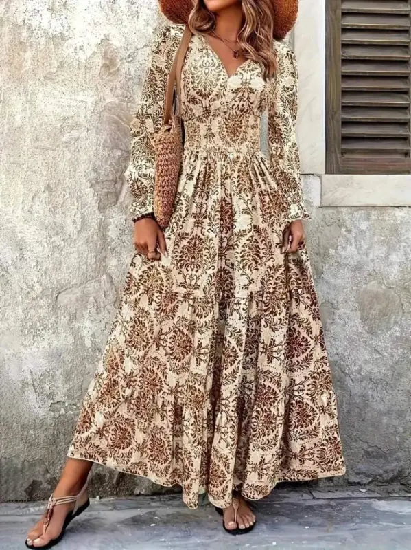 Women's Long Sleeve V Neck Patterned Supima Dress - 4