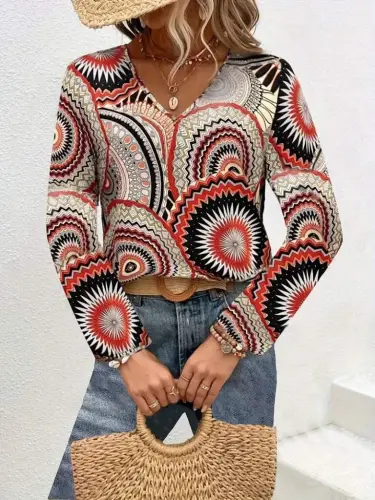 Women's Long Sleeve V-Neck Patterned Supreme Blouse - 1