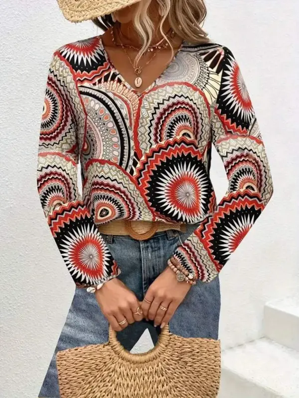 Women's Long Sleeve V-Neck Patterned Supreme Blouse - 1