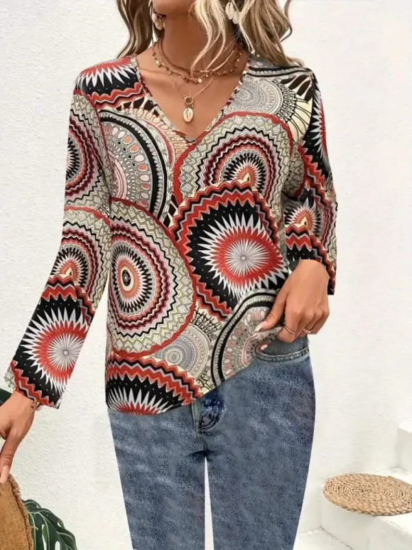 Women's Long Sleeve V-Neck Patterned Supreme Blouse - 4