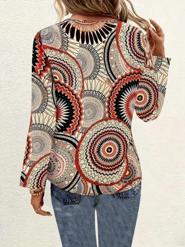Women's Long Sleeve V-Neck Patterned Supreme Blouse - 5