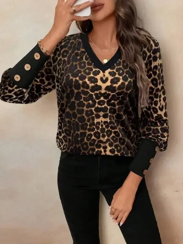 Women's Long Sleeve V Neck Patterned Supreme Blouse - 2