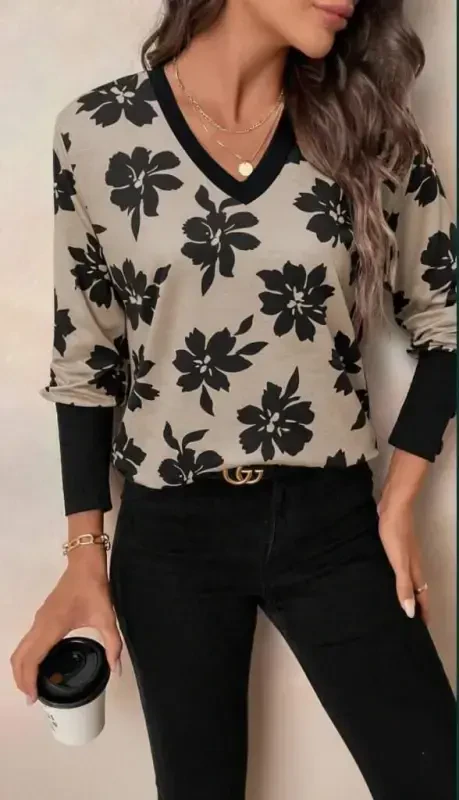 Women's Long Sleeve V Neck Patterned Supreme Blouse - BÜYÜKBEDENIZ
