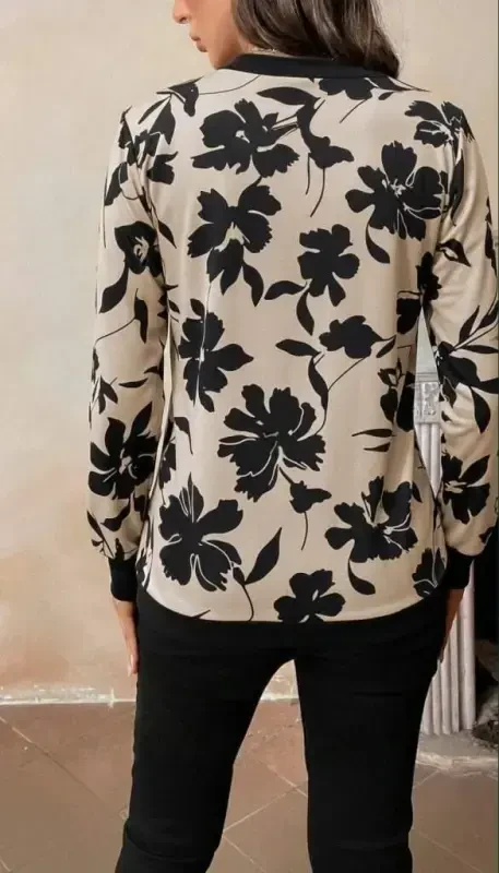 Women's Long Sleeve V Neck Patterned Supreme Blouse - 2