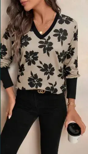 Women's Long Sleeve V Neck Patterned Supreme Blouse - 3