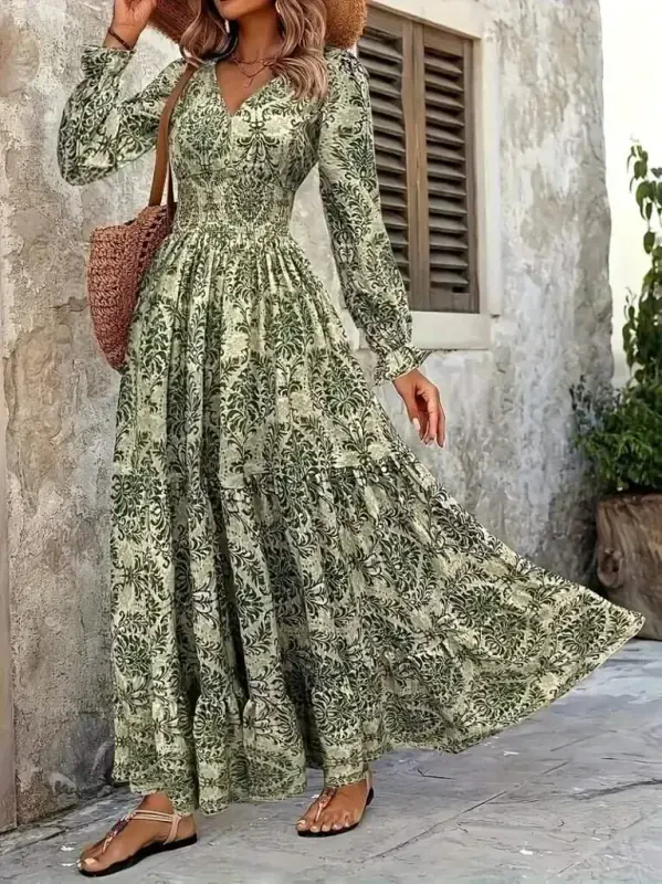 Women's Long Sleeve V-Neck Patterned Supreme Dress - 2