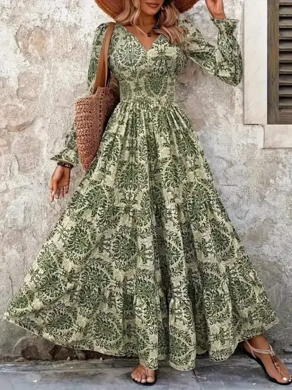 Women's Long Sleeve V-Neck Patterned Supreme Dress - 3