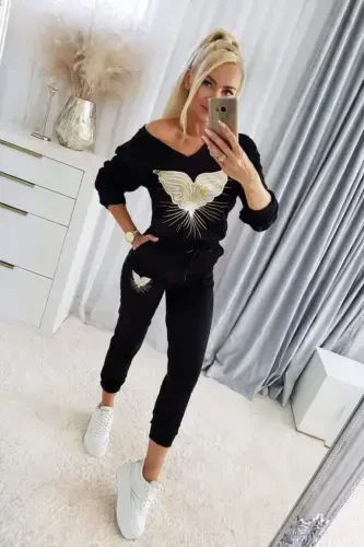 Women's Long Sleeve V Neck Patterned Viscose Two Thread Blouse and Pants Set - 1