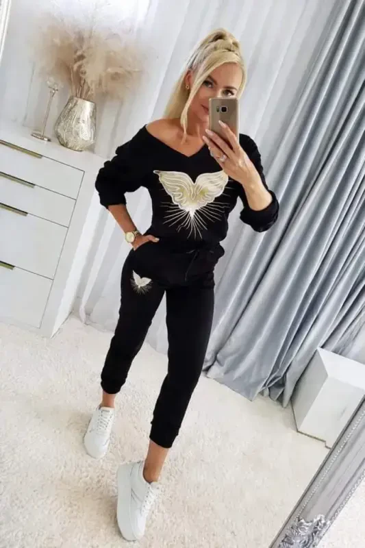 Women's Long Sleeve V Neck Patterned Viscose Two Thread Blouse and Pants Set - 1