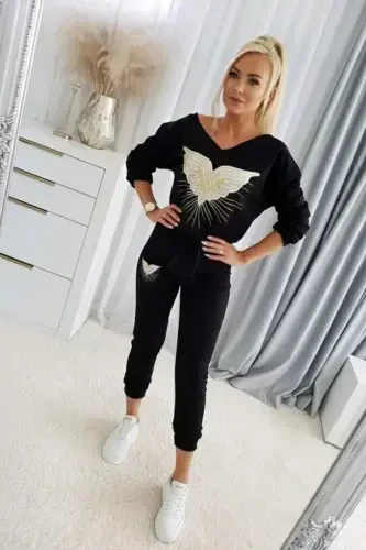 Women's Long Sleeve V Neck Patterned Viscose Two Thread Blouse and Pants Set - BÜYÜKBEDENIZ (1)