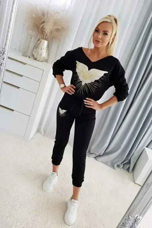 Women's Long Sleeve V Neck Patterned Viscose Two Thread Blouse and Pants Set - 2