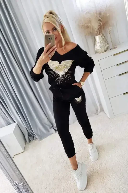 Women's Long Sleeve V Neck Patterned Viscose Two Thread Blouse and Pants Set - 3