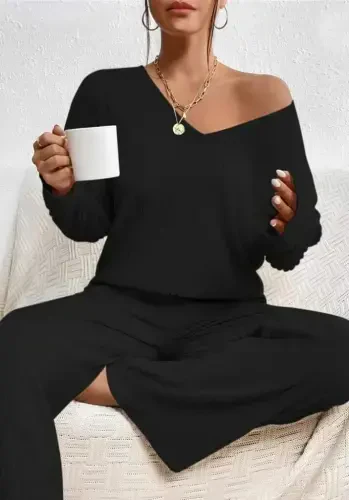 Women's Long Sleeve V Neck Plush Ribbed Blouse and Pants Set - 1