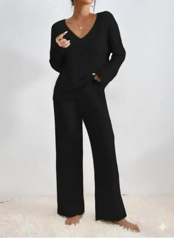 Women's Long Sleeve V Neck Plush Ribbed Blouse and Pants Set - 2
