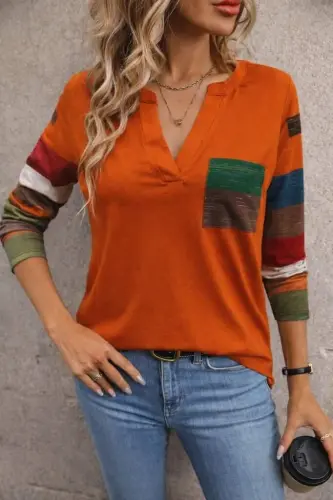 Women's Long Sleeve V Neck Pocketed Multicolor Viscose Blouse - 1