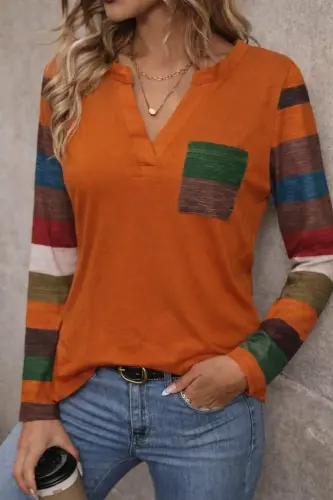 Women's Long Sleeve V Neck Pocketed Multicolor Viscose Blouse - BÜYÜKBEDENIZ (1)