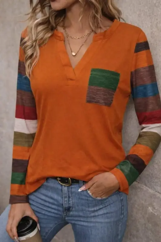 Women's Long Sleeve V Neck Pocketed Multicolor Viscose Blouse - 2