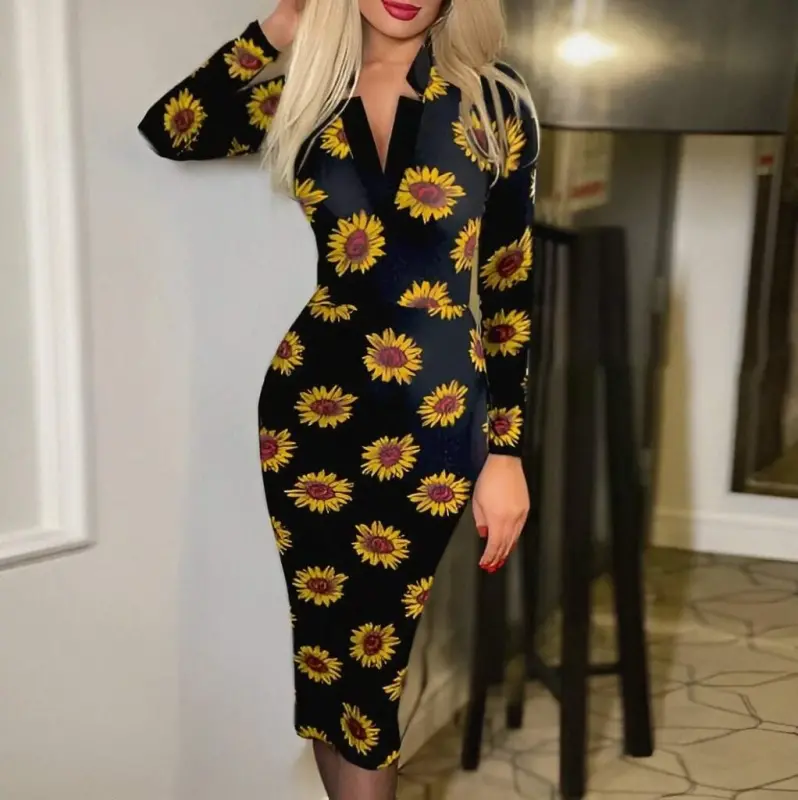 Women's Long Sleeve V Neck Polka Dot Crepe Midi Dress - 1