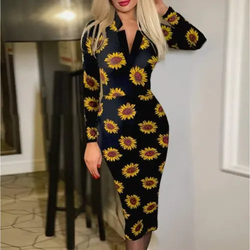 Women's Long Sleeve V Neck Polka Dot Crepe Midi Dress - BÜYÜKBEDENIZ (1)