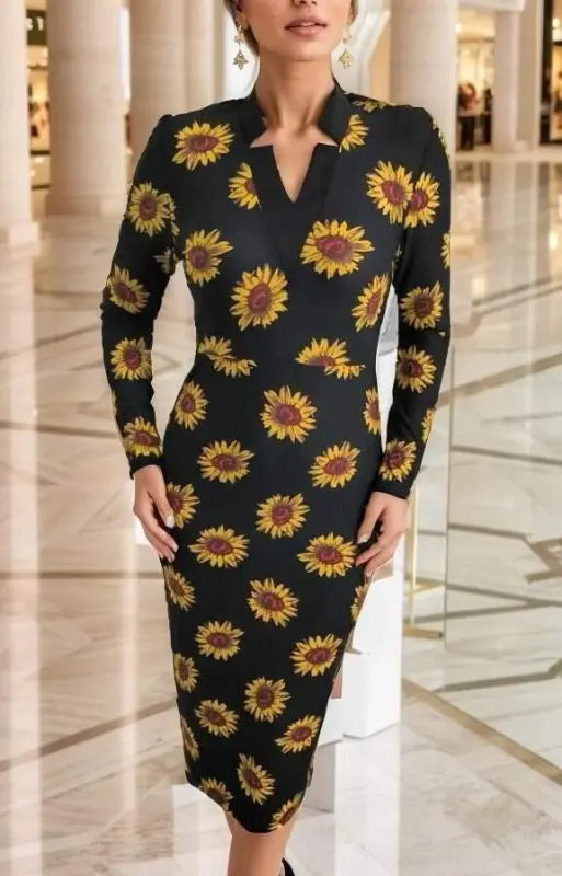 Women's Long Sleeve V Neck Polka Dot Crepe Midi Dress - 5