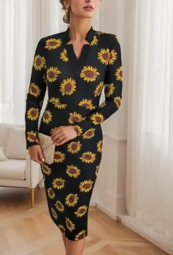 Women's Long Sleeve V Neck Polka Dot Crepe Midi Dress - 6