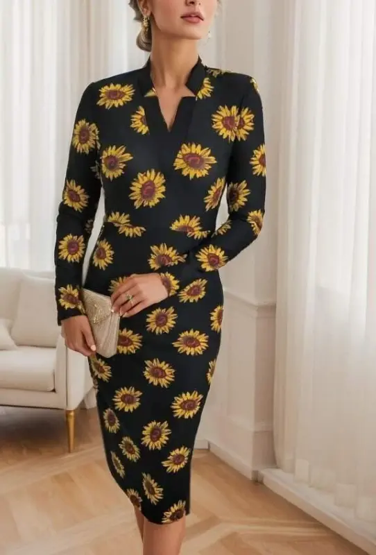 Women's Long Sleeve V Neck Polka Dot Crepe Midi Dress - 6