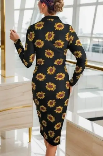 Women's Long Sleeve V Neck Polka Dot Crepe Midi Dress - 7