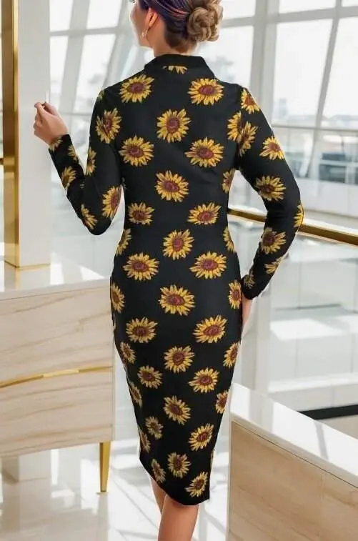 Women's Long Sleeve V Neck Polka Dot Crepe Midi Dress - 7