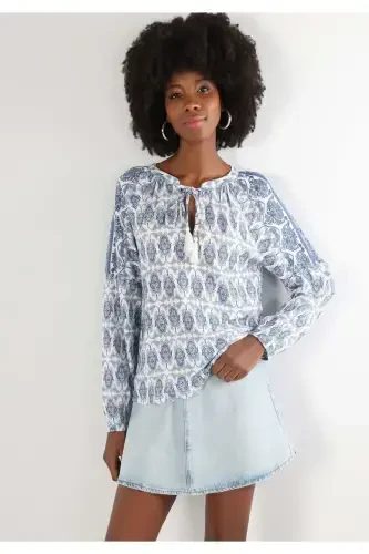 Women's Long Sleeve V-Neck Printed Blue Blouse - 1