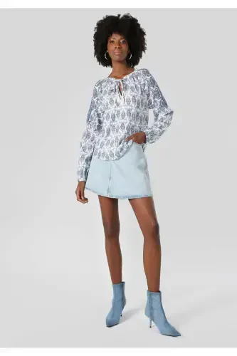 Women's Long Sleeve V-Neck Printed Blue Blouse - 3