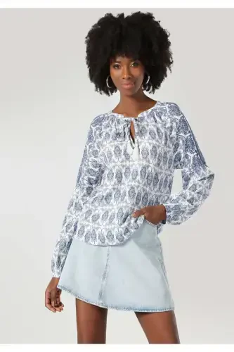 Women's Long Sleeve V-Neck Printed Blue Blouse - 4