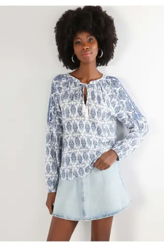 Women's Long Sleeve V-Neck Printed Blue Blouse - 1