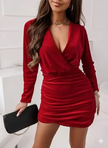 Women's Long Sleeve V-Neck Ruched Side Mini Imported Crepe Dress - BÜYÜKBEDENIZ (1)