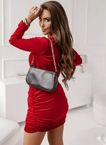 Women's Long Sleeve V-Neck Ruched Side Mini Imported Crepe Dress - 3