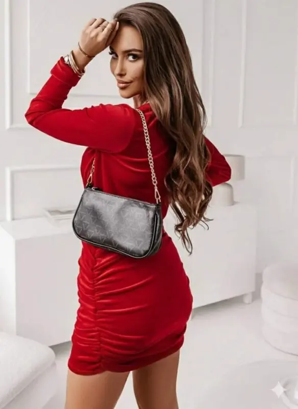 Women's Long Sleeve V-Neck Ruched Side Mini Imported Crepe Dress - 3