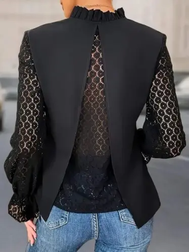 Women's Long Sleeve V-Neck Ruffle Collar Crisscross Back Detail Imported Crepe Blouse - 4