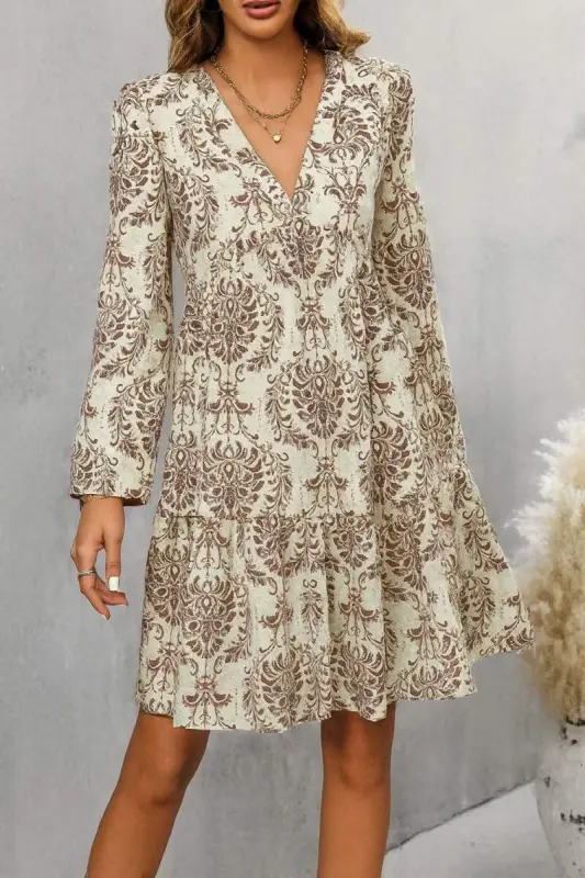 Women's Long Sleeve V Neck Ruffle Mini Supreme Dress - 1