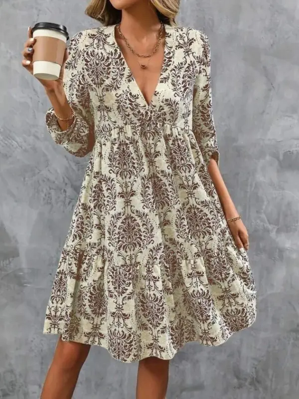 Women's Long Sleeve V Neck Ruffle Mini Supreme Dress - 2