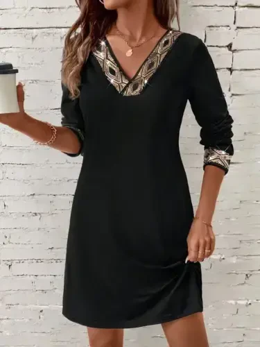 Women's Long Sleeve V-Neck Sequin Detail Mini Imported Crepe Dress - 1